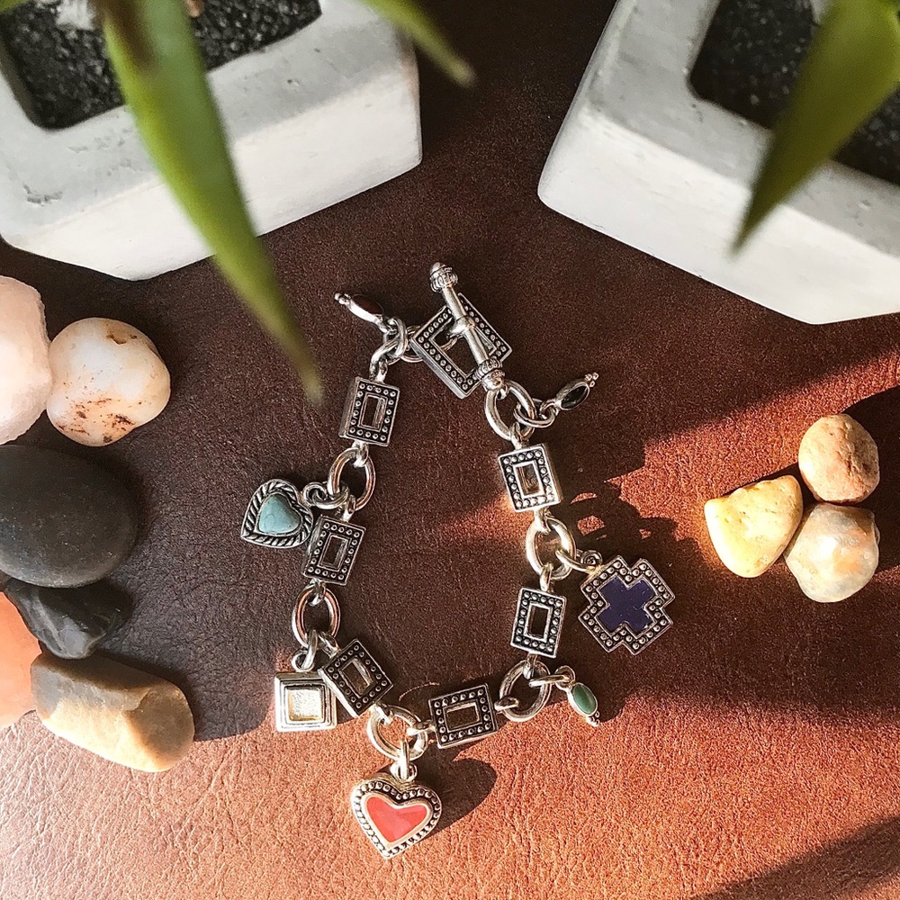 Multicolor Silver Heart and across Charm Bracelet